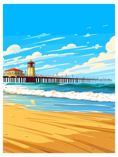 Vector huntington beach california vintage travel poster souvenir postcard portrait painting illustration