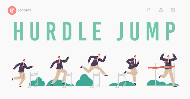 Hurdle jump landing page template. business man character running with obstacles competition. businessman jumping over barriers, cross finish line. challenge, leader chase. cartoon vector illustration