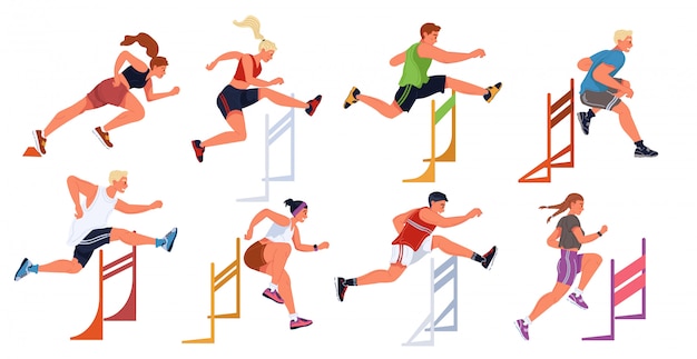 Hurdle race, female, male sportive jumping competition. Athletes, steeplechase, obstacle running.