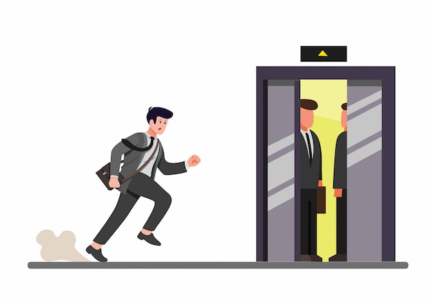 ベクトル エレベーターの中、オフィスワーカーが漫画フラットイラストの仕事に遅れて実行している急いでいるビジネスマン