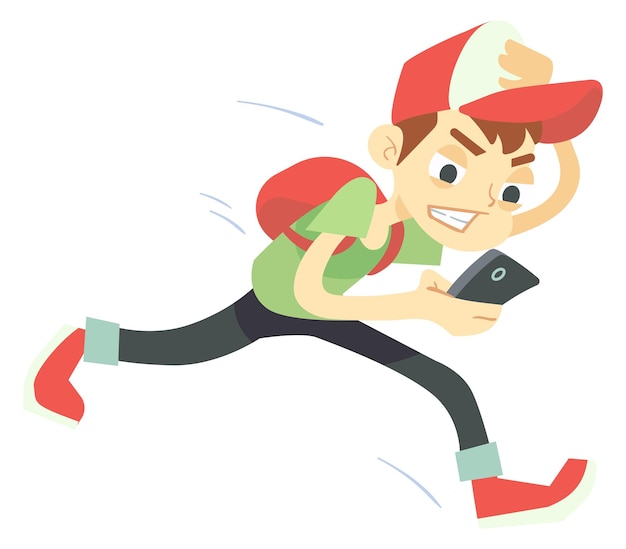 Hurriying kid with smartphone Running cartoon character