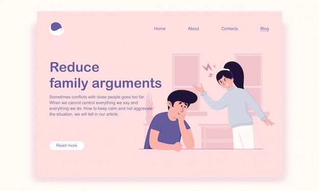 Husband carefully and lovingly listens to his irritated wife for solving the problem landing page template