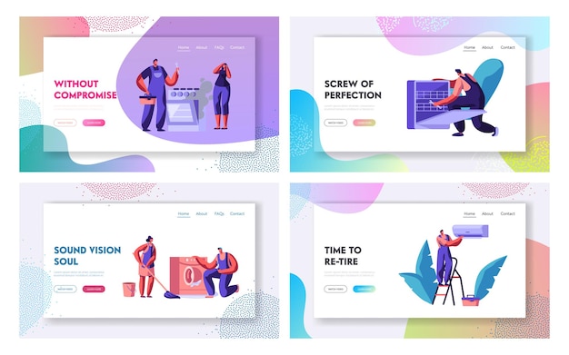 1時間の夫、修理サービスのWebサイトのランディングページセット。自宅で壊れた技術を修正する制服を着た男性。電気技師、配管工のコールマスターアットワークのWebページ。漫画フラットベクトルイラスト