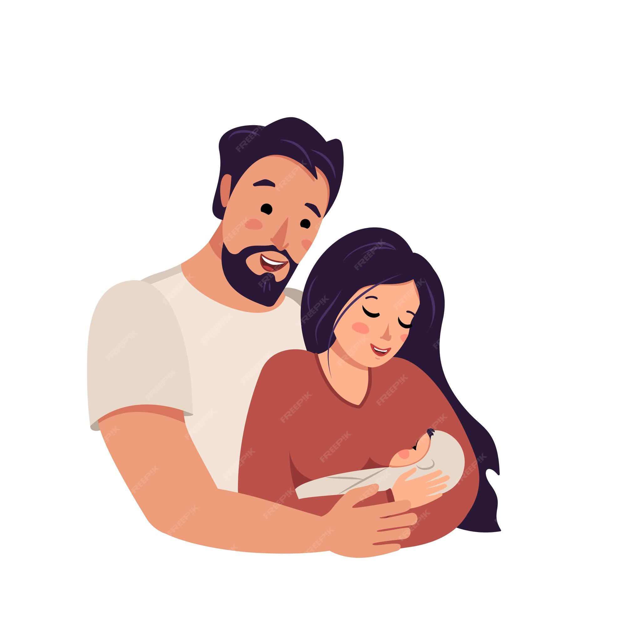 Premium Vector | The husband hugs his wife with the baby in her arms. Premium Vector | The husband hugs his wife with the baby in her arms.