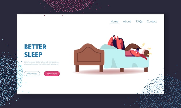 Husband suffering of sleeping wife snoring landing page template