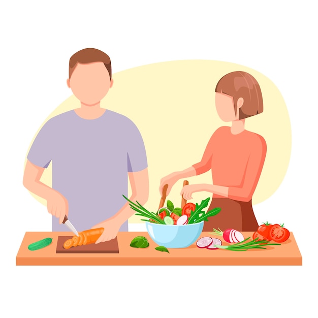 Husband and wife are cooking. Cartoon design.