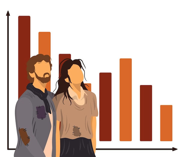 Husband wife during the economic crisis world unemployed. Poor family Woman man bankrupt fall chart