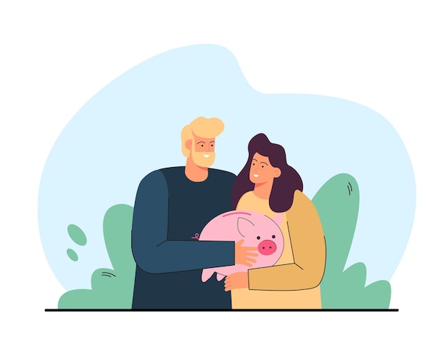 Husband and wife hugging and holding piggybank. Cheerful couple saving money flat vector illustration. Family budget, investment, finances concept for banner, website design or landing web page