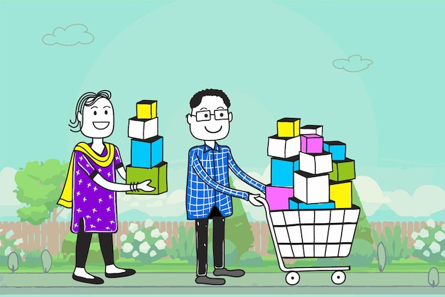 Husband and wife shopping Vector Characters Walking with Shopping Cart.