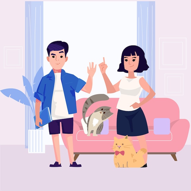 Vector husband and wife with cat in house