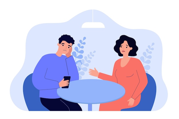 Vector husband with smartphone and ignoring his wife. upset woman talking to her aloof partner who looking at phone