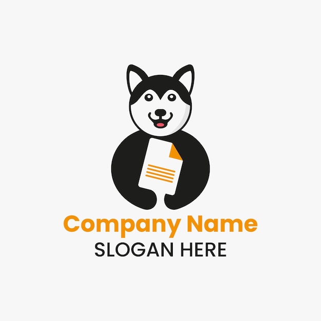 Husky Document Papier Logo Negatieve Ruimte Concept Vector Sjabloon. Husky Holding Document Papier