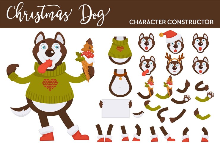 Vector husky dog constructor knitted sweater and ice cream
