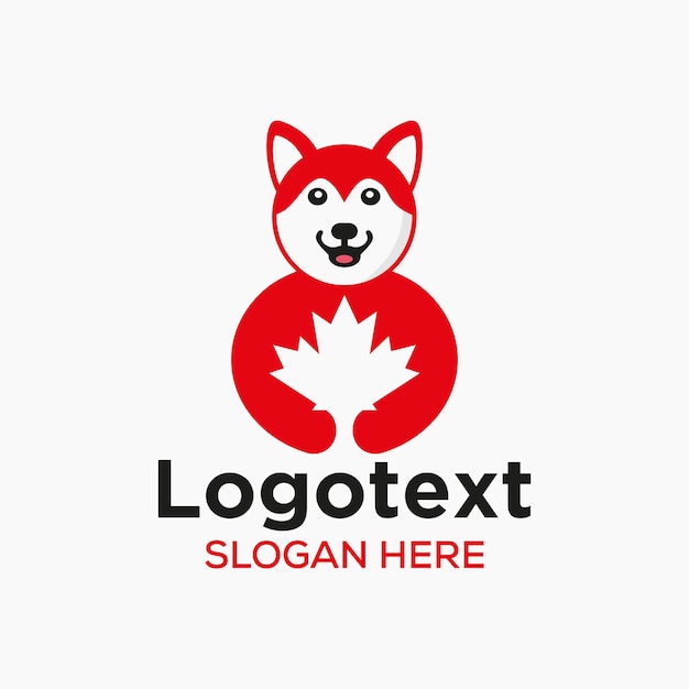 Husky Maple Logo Negatieve Ruimte Concept Vector Sjabloon. Husky Holding Maple Leaf-symbool