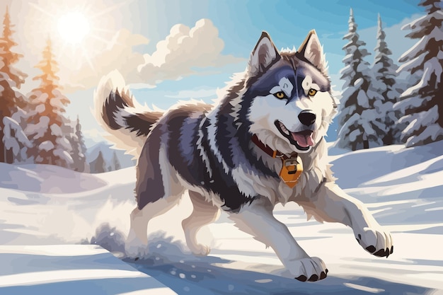 Vector the husky running wildly snown winter illustration