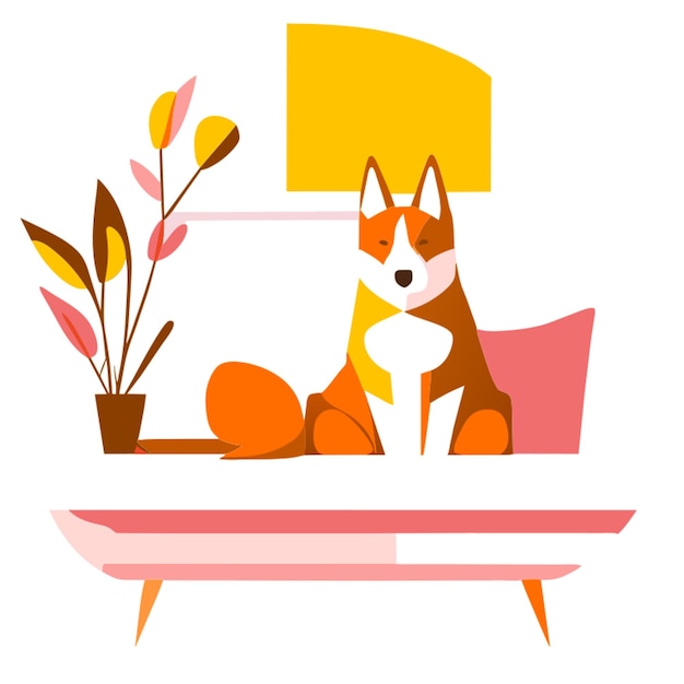 Vector husky sitting on a couch with a plant next to it cartoony geometric calm vector illustration