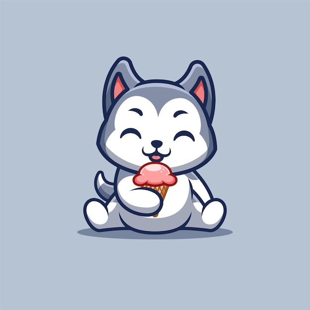 ハスキーの座っているアイス クリームを食べるかわいいクリエイティブなかわいい漫画のマスコットのロゴ