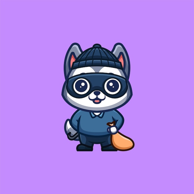 Husky Thief Cute Creative Kawaii Cartoon Mascot Logo