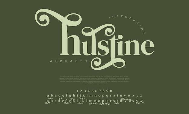 Hustine premium lusso elegante alfabeto lettere e numeri tipografia matrimoniale vintage serif classico