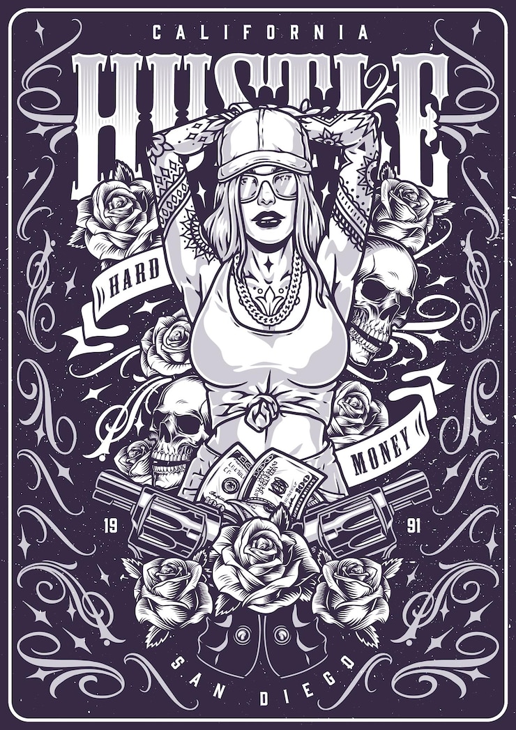 Vector hustle hot woman monochrome poster