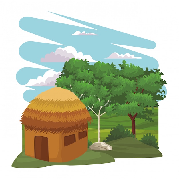 Vector hut in the forest scenery