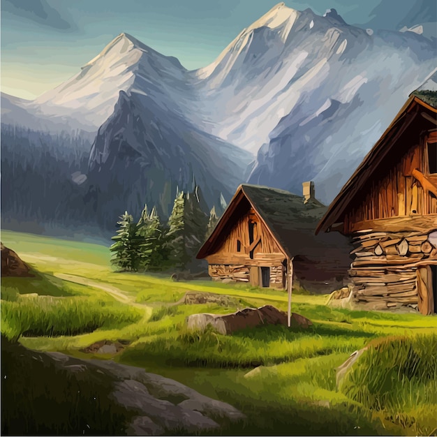 Hut on green meadow in front rocky mountains house in countryside natural clean air modern cartoon