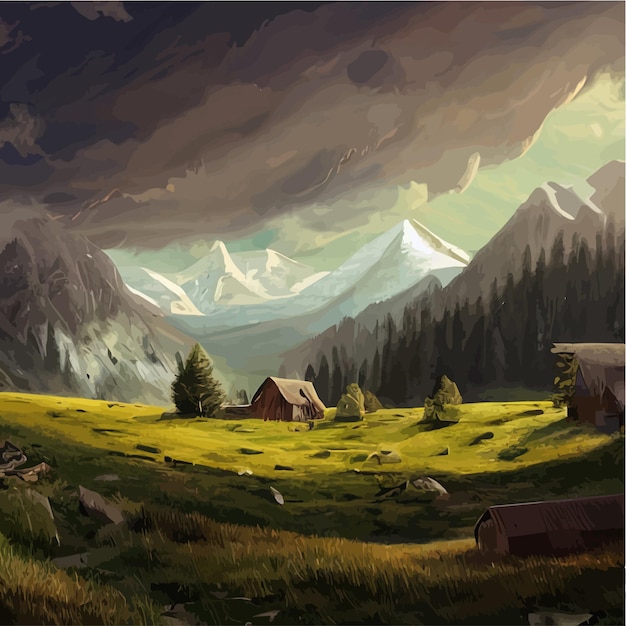 Хижина на зеленом лугу перед домом в скалистых горах в сельской местности, природный чистый воздух, современный мультфильм