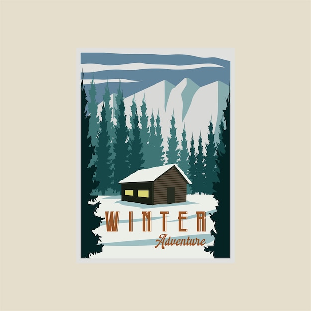 Hut of huisje bij winterlandschap poster vector illustratie sjabloon ontwerp sneeuw bij natuur bos banner voor reizen of zakelijk toerisme