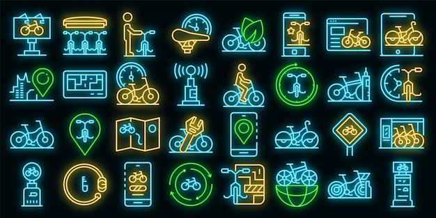 Huur een fiets iconen set. overzichtsreeks huur een fiets vectorpictogrammen neonkleur op zwart