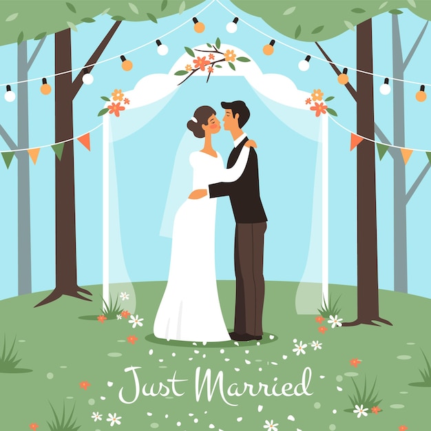 Huwelijk huwelijksceremonie. bruid en bruidegom trouwen, gelukkig liefdespaar in huwelijksboog zoenen, romantisch tuinfeest zomer landschap, huwelijksbegroeting of uitnodigingskaart, vector cartoon concept