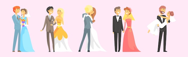 Huwelijk koppel man en vrouw personage staande vector set
