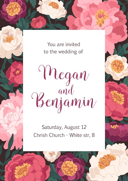 Huwelijksceremonie uitnodigingskaart ontwerp met bloemen frame. Verticaal bewaar de datumbriefkaartsjabloon met plaats voor tekst. Japanse pioenrozen in bloei op zwarte achtergrond. Platte vectorillustratie.
