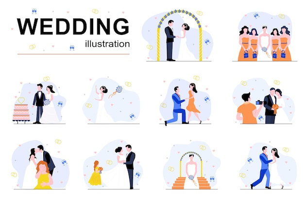 Huwelijksconcept met scènes van mensen in een plat ontwerp Bruid en bruidegom getrouwd tijdens ceremonie