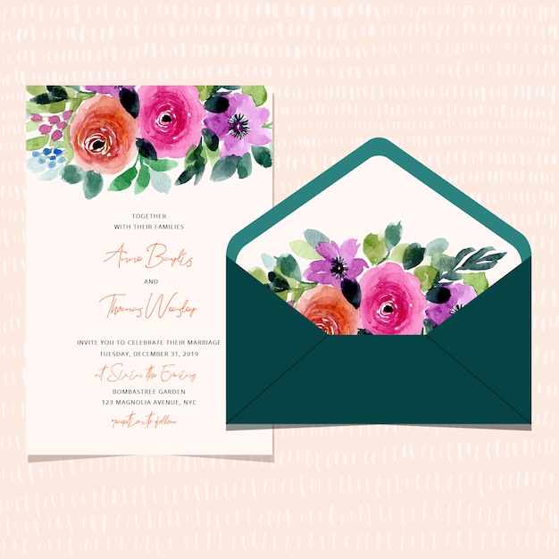 huwelijksuitnodiging en envelop met bloemenwaterverfgrens