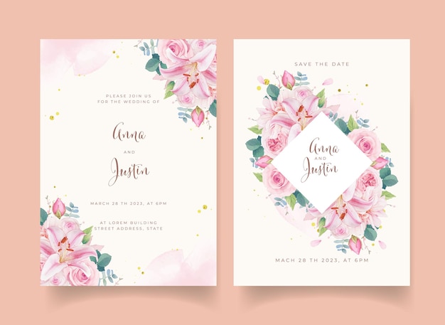 Huwelijksuitnodiging met aquarel roze rozen lelie en dahlia