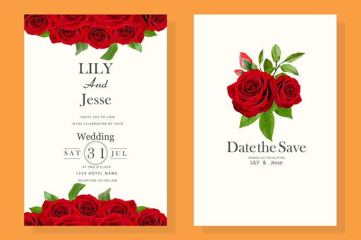 huwelijksuitnodiging met rode bloemen