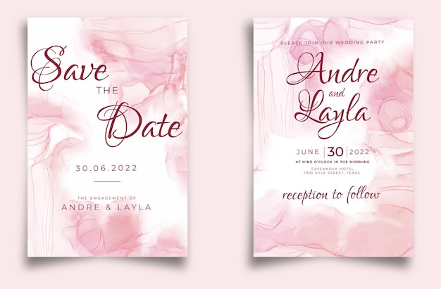 huwelijksuitnodiging met roze alcoholinkt aquarel vloeibare achtergrond