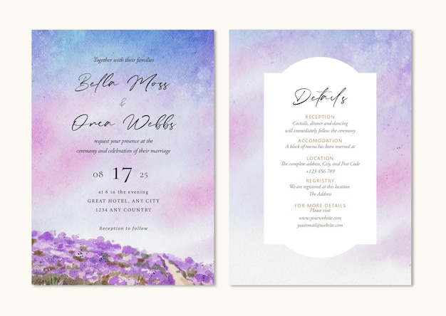 Vector huwelijksuitnodiging set met aquarel bloemen lavendel weide