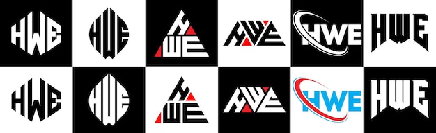 6 つのスタイルの HWE 文字ロゴ デザイン HWE 多角形、円、三角形、六角形のフラットでシンプルなスタイル、黒と白のカラー バリエーションの文字ロゴが 1 つのアートボードに設定 HWE ミニマリストとクラシックなロゴ