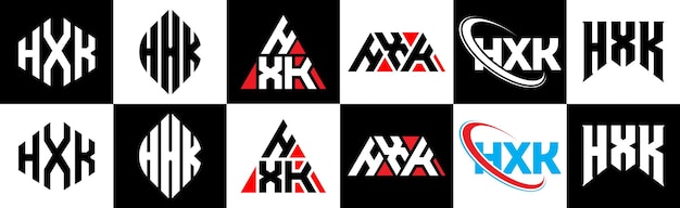 벡터 6가지 스타일의 hxk 문자 로고 디자인 hxk 다각형 원형 삼각형 육각형 평평하고 단순한 스타일(한 아트보드에 설정된 흑백 색상 변형 문자 로고 포함) hxk 미니멀리스트 및 클래식 로고