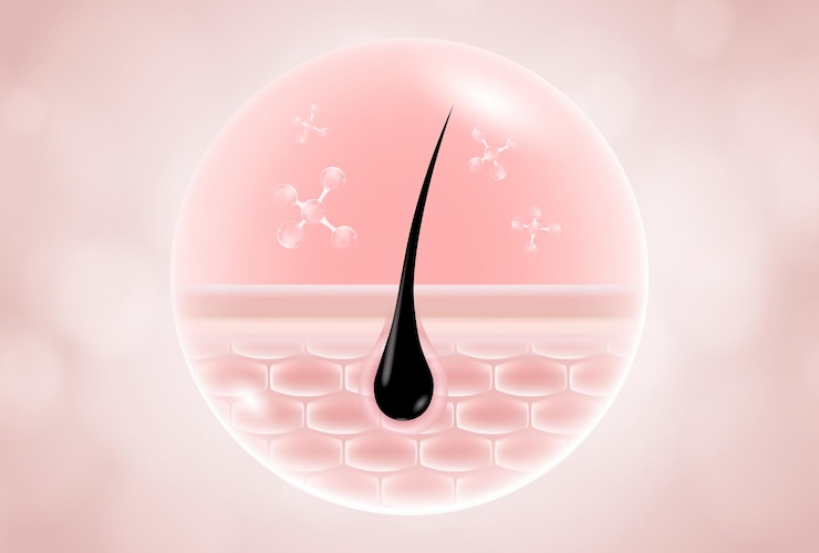 Vector hyaluronic acid hair and skin solutions ad pink collagen serum drop over skin cells with antiaging
