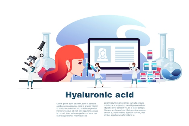 Hyaluronic acid 주입 의료 주사기 및 용기 피부 관리 및 의료 개입 평면 벡터 일러스트 레이 션 배경 가로 전단지 디자인.