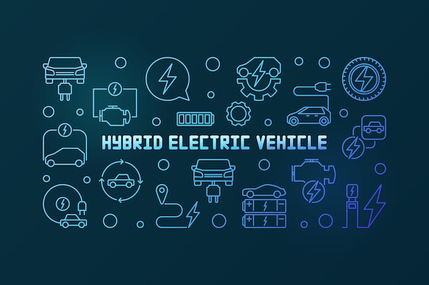 Hybrid electric vehicle blue horizontal outline vector banner