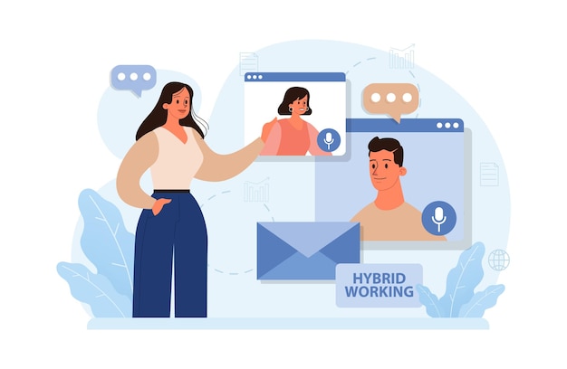 Hybrid work Characters with a flexible schedule working from office and home Telework and outsource employee work globaly Digital nomad or freelancer idea Flat vector illustration