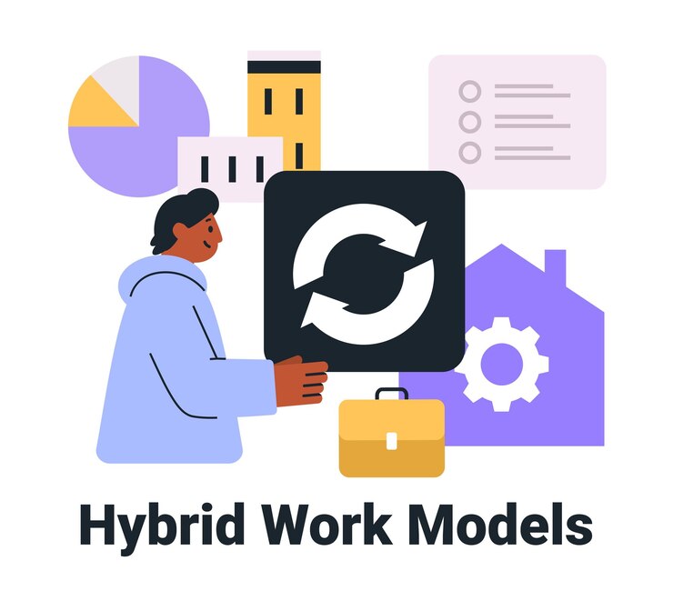 Vector hybrid work models concept with person holding sync icon buildings pie chart gear briefcase home