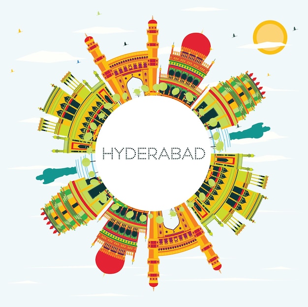 Горизонты города Хайдарабад с цветными зданиями и копией пространства. Векторные иллюстрации. Деловые поездки и концепция туризма с исторической архитектурой. Городской пейзаж Хайдарабада с достопримечательностями.