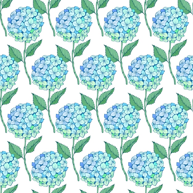 Hydrangea flower seamless pattern. blue green petals, stem and leaves on white. texture for print, fabric, textile, wallpaper.