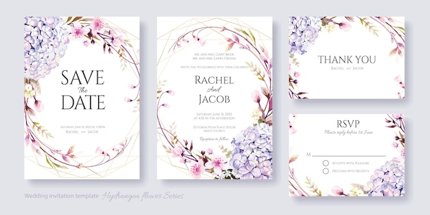Hydrangea flower wedding invitation card, save the date, thank you, rsvp template.