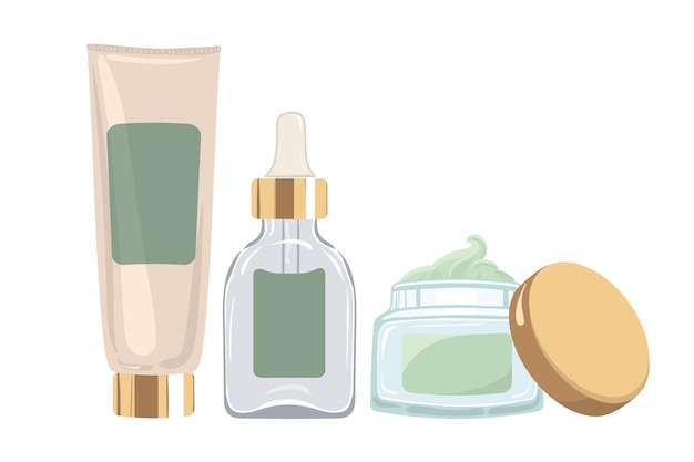 Hydraterende crème serum met druppelaar in transparante glazen fles en voedende groene gezichtscrème Vector illustratie