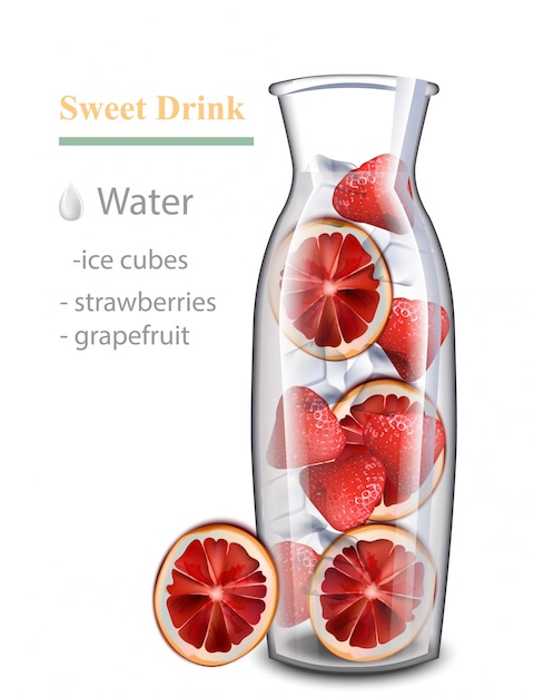 Hydraterende detox waterdrank. aardbei en roodoranje smaak. realistische verse drank in een glazen pot